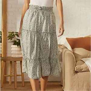 Upwest cotton linen ditsy floral maxi midi skirt size XS green white prarie